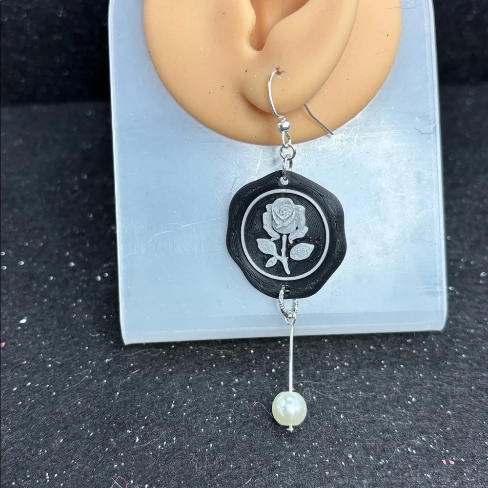 Black & Silver Rose Postage Stamp Earrings with Pearl Drop